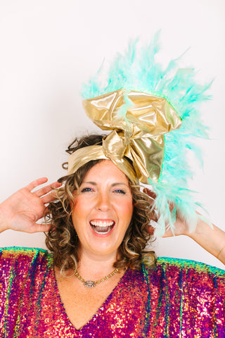 Gold Lame With Light Blue Feathers