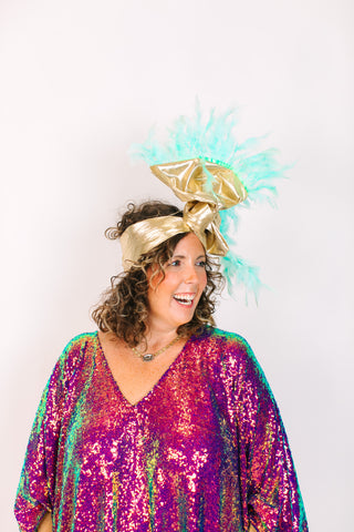 Gold Lame With Light Blue Feathers