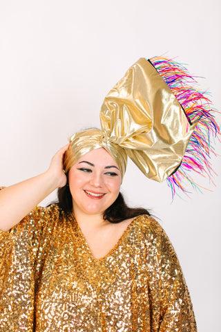 Gold Lame With Rainbow Ostrich Feathers