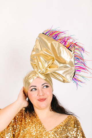 Gold Lame With Rainbow Ostrich Feathers
