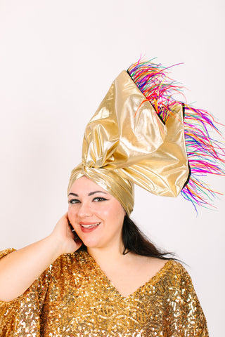 Gold Lame With Rainbow Ostrich Feathers