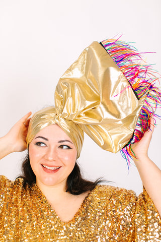 Gold Lame With Rainbow Ostrich Feathers