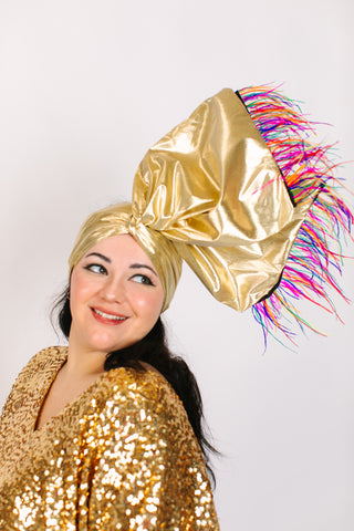 Gold Lame With Rainbow Ostrich Feathers