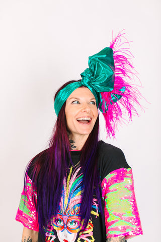 Teal Lame With Pinks Ostrich Feathers