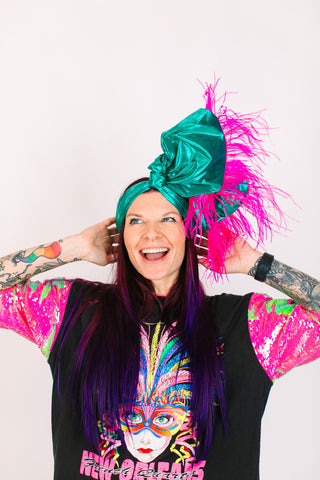 Teal Lame With Pinks Ostrich Feathers