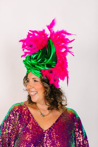 Green Lame With Pink Short Feathers