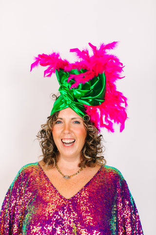 Green Lame With Pink Short Feathers