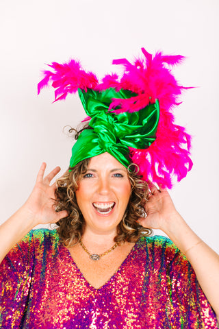 Green Lame With Pink Short Feathers