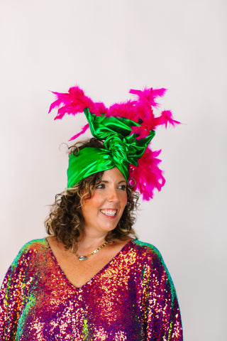 Green Lame With Pink Short Feathers