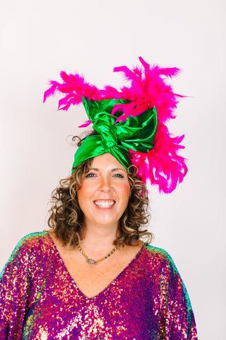 Green Lame With Pink Short Feathers