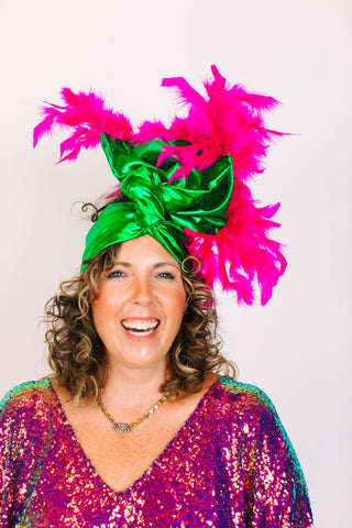 Green Lame With Pink Short Feathers