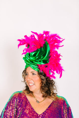 Green Lame With Pink Short Feathers