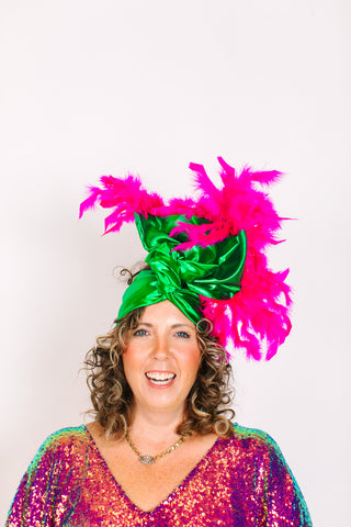 Green Lame With Pink Short Feathers