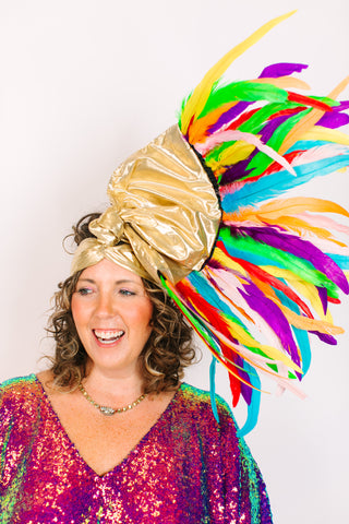 Gold Lame With Rainbow Feathers