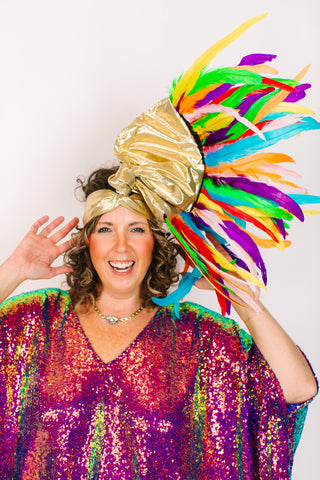 Gold Lame With Rainbow Feathers