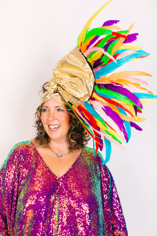 Gold Lame With Rainbow Feathers