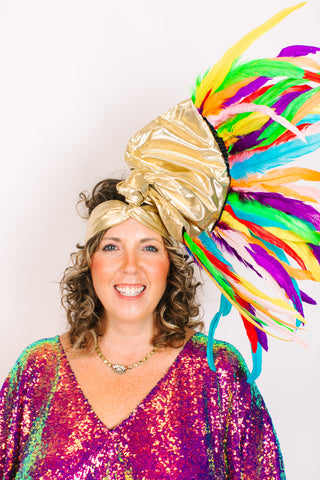 Gold Lame With Rainbow Feathers