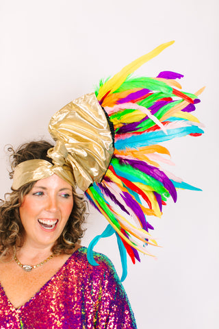 Gold Lame With Rainbow Feathers