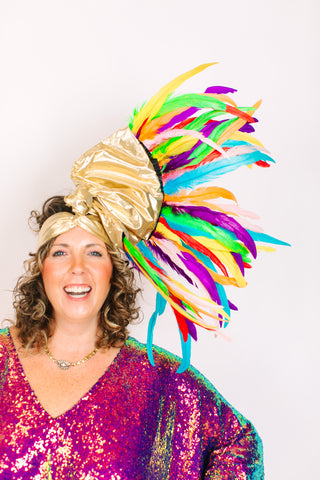 Gold Lame With Rainbow Feathers