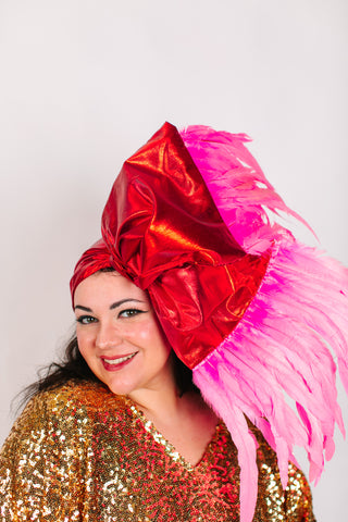 Red Lame With Long Pink Feathers