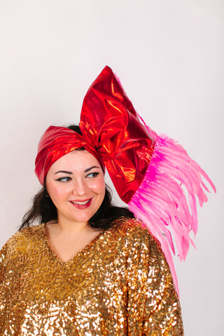 Red Lame With Long Pink Feathers