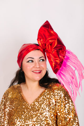 Red Lame With Long Pink Feathers