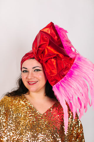 Red Lame With Long Pink Feathers