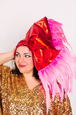 Red Lame With Long Pink Feathers