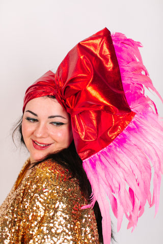 Red Lame With Long Pink Feathers