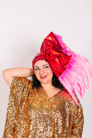 Red Lame With Long Pink Feathers