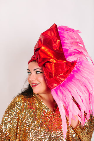 Red Lame With Long Pink Feathers