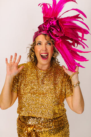 Fuchsia Lame With Long Pink Feathers