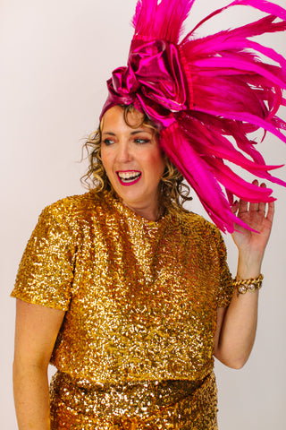 Fuchsia Lame With Long Pink Feathers