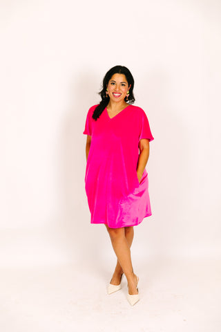 Pink Velvet V-Neck Dress