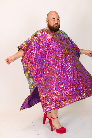 Purple Iridescent Embroidered Sequin Long Caftan - Satin Lined