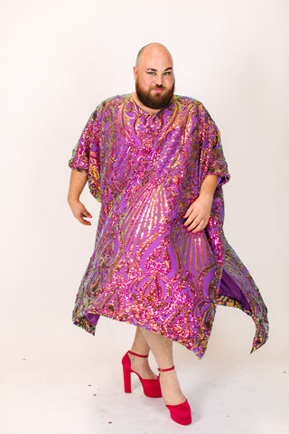 Purple Iridescent Embroidered Sequin Long Caftan - Satin Lined