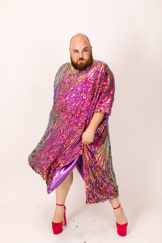 Purple Iridescent Embroidered Sequin Long Caftan - Satin Lined