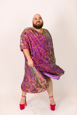 Purple Iridescent Embroidered Sequin Long Caftan - Satin Lined