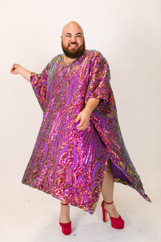 Purple Iridescent Embroidered Sequin Long Caftan - Satin Lined