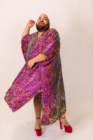 Purple Iridescent Embroidered Sequin Long Caftan - Satin Lined