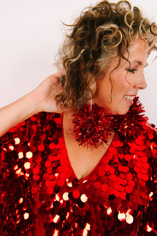 Red Glitz Pom Pom Earrings