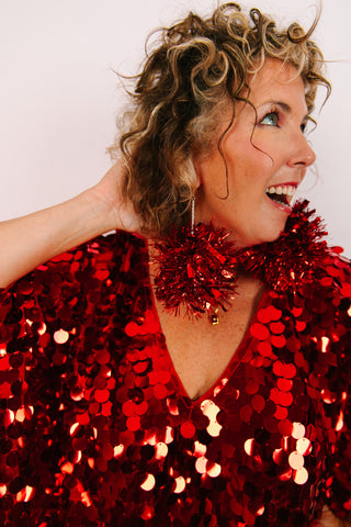 Red Glitz Pom Pom Earrings