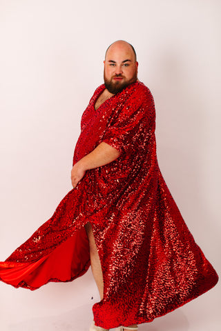 Red Sequin Long Caftan Satin Lined