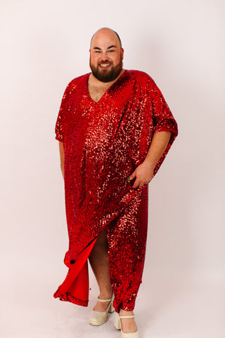 Red Sequin Long Caftan Satin Lined