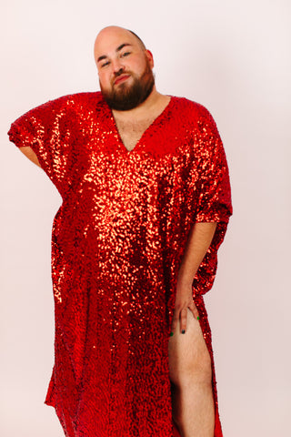 Red Sequin Long Caftan Satin Lined