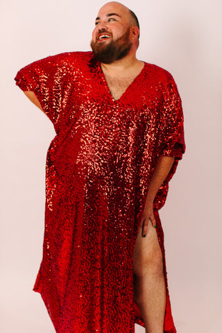 Red Sequin Long Caftan Satin Lined