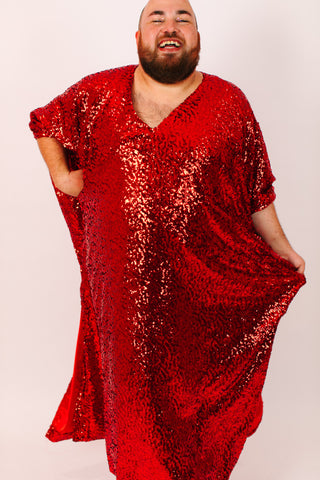 Red Sequin Long Caftan Satin Lined