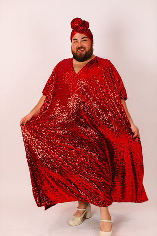 Red Sequin Long Caftan Satin Lined