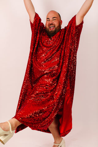 Red Sequin Long Caftan Satin Lined