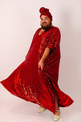 Red Sequin Long Caftan Satin Lined